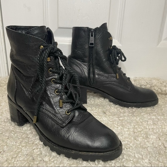 𝅺JOIE Black Leather Lacy Up Chunky Heeled Combat Boots 37 - Picture 1 of 10